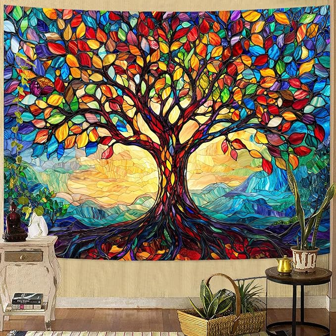 Lunerfex Tree of Life Tapestry Stained Glass Tapestry Wall Decor Tapestries for Bedroom Art Tapestries Wall Hanging for Bedroom Living Room Glass-Tree-01 60"x80"