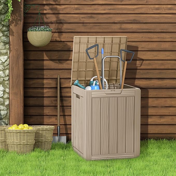 28 Gallon Deck Box Large Outdoor Storage for Patio Furniture,Outdoor Cushions,Garden Tools and Pool Supplies,Waterproof,Resin,Lockable(Grey)