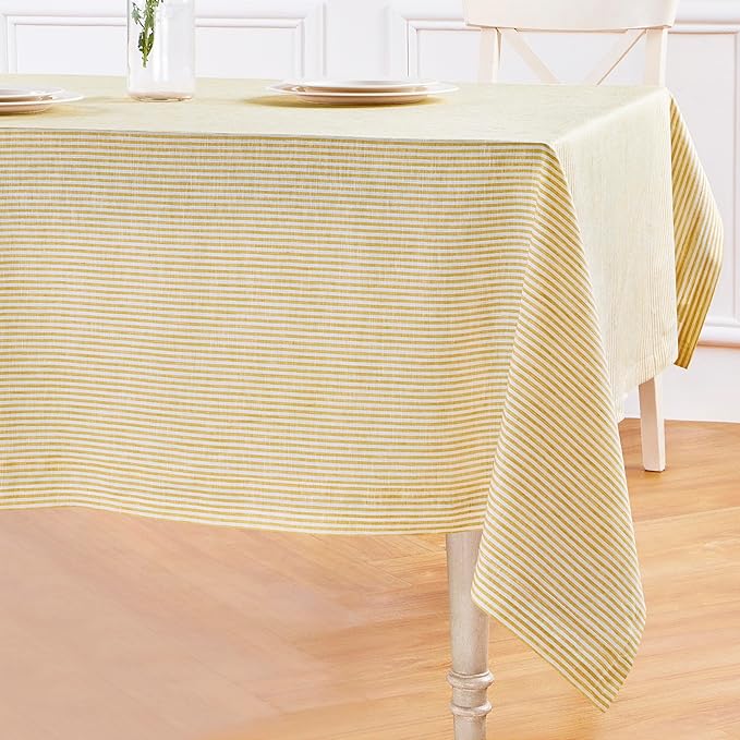 Solino Home Linen Tablecloth 60 x 108 Inch - Narrow Stripe 100% Pure Linen Spicy Mustard and White Table Cloth for Rectangle Tables - Machine Washable Tablecloth