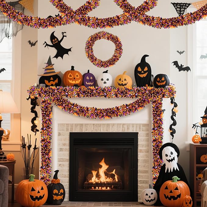 50FT Halloween Decorations Tinsel Garland, Orange Purple Black Shiny Metallic Tinsel Twist Hanging Streamers Garland for Halloween Birthday Home Tree Banister Indoor Outdoor Party Decor Supplies