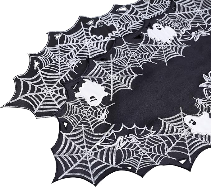 Chlophy Halloween Table Runner Black Spider Web Table Runner Gothic Embroidered for Kitchen Dining Halloween Dรฉcor Home Party Table Decoration 72in