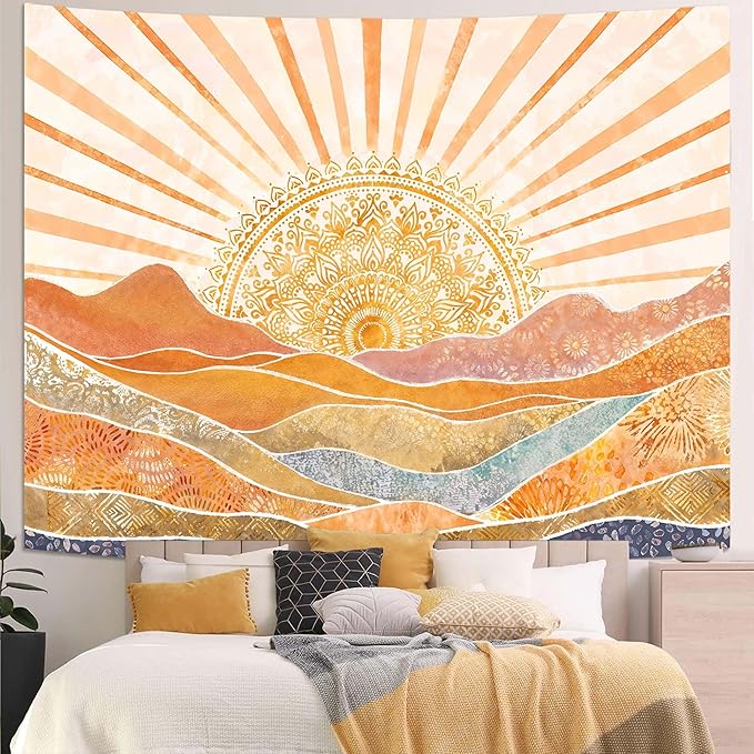 Lunerfex Bohemian Mandala Sunrise Wall Tapestry, Abstract Mountain Scenery Tapestries for Home Decor, Boho Tapestry 60x44 Inch