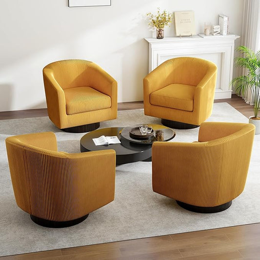 Swivel Barrel Accent Chair, Modern Round Corduroy Fabric Arm Chair for Living Room, Bedroom, Comfy Club Reading Chairs for Adults (Corduroy Orange, Set of 4)