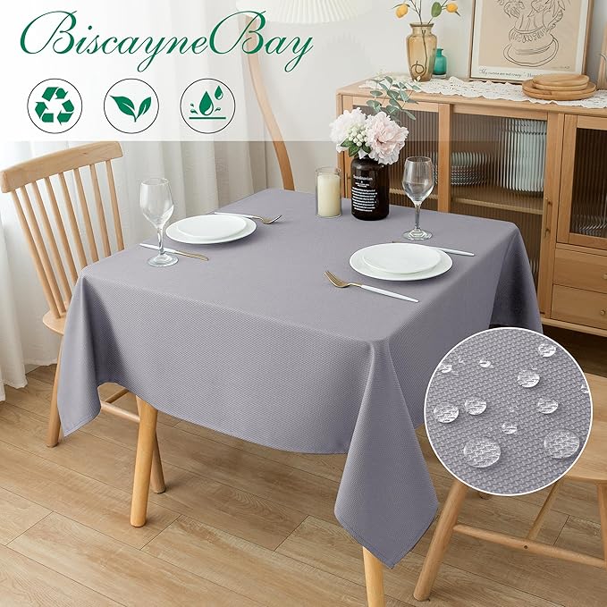 Biscaynebay Textured Fabric Square Tablecloths 60"x60", Silver Grey Water Resistant Table Cloth Small Card Folding Table Covers Linen for Dining, Kitchen, Wedding & Parties, etc. Machine Washable