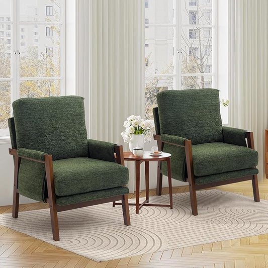 Modern Accent Chairs Set of 2 for Living Room Mid Century Arm Chairs Upholstered Bedroom Chairs Comfy Lounge Chairs with Solid Wood Frame, Green