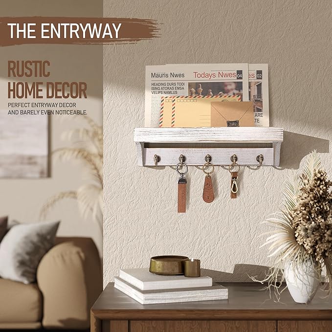 Rebee Vision Pine Wood Key Holder Wall Mount with Shelf for Farmhouse Decor - Rustic Wall Mail Organizer Wall Mounted for Living Room Decor - Perfect Mail Organizer for Home Improvement (Whitewash)