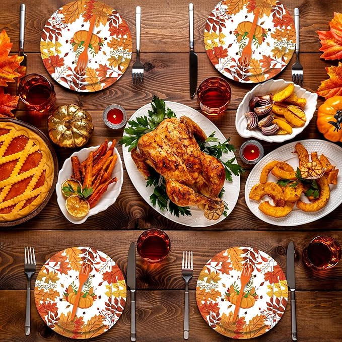 80pcs Fall Thanksgiving Paper Plates and Napkins Forks Dinner Cake Plates Autumn Leaves Pumpkin Party Decorations for Fall Thanksgiving Holiday Wedding Birthday,Serves 20 (Autumn)