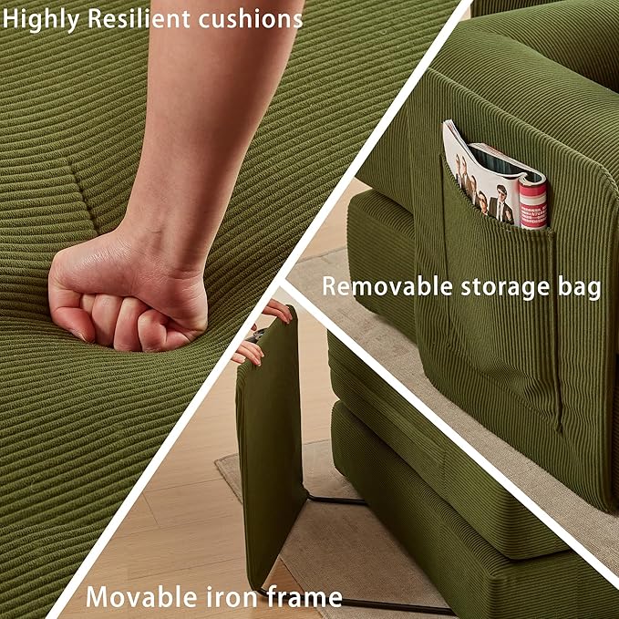 107" Oversized Convertible Sleeper Sofa Bed, Corduroy L Shape Sectional Couch, Folding Sofa Bed with Side Pocket, Modern Cloud Floor Mattress Couch, Modular Sofa for Living Room, Green