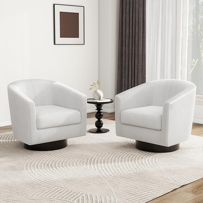 Swivel Barrel Accent Chair, Modern Round Corduroy Fabric Arm Chair for Living Room, Bedroom, Comfy Club Reading Chairs for Adults (Corduroy Beige, Set of 2)