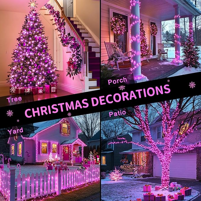 JMEXSUSS 600 LED Pink Christmas Lights for Decorations, 168ft Pink String Fairy Lights Indoor Outdoor Clear Wire for Girl's Room Bedroom Brithday Party Yard Decor