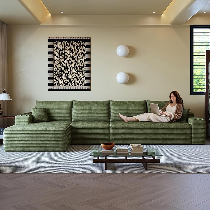 108" Sectional Couches for Living Room Modern Modular Sofa with L-Shape Couchs Upholstered Boneless Couch Deep Seat Sectional Couch with Chaise (Green, Left Facing Chaise+3Seaters)