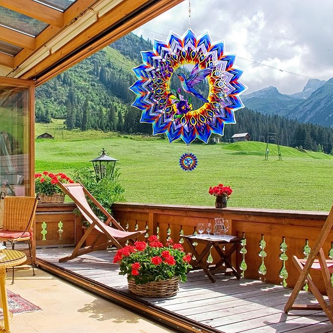 Hummingbird Wind Spinner,Hanging Wind Spinners Outdoor for Garden Decoration,12 inch 3D Stainless Steel Wind Sculpture for Indoor/Outdoor Decor