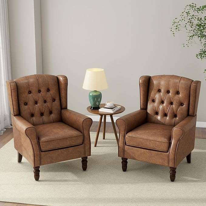 Accent Chair, Upholstered Armchair with Button Tufted High Back & Solid Wood Legs, Comfy Wingback Reading Single Sofa Chair for Small Spaces, Living Room, Bedroom (Leather Brown, Set of 1)