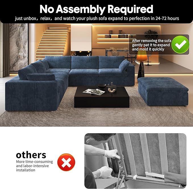 118" 6-Seater Cloud Sofa,Modular Sectional Couch with Ottoman,Modern Deep Seat Upholstered Couches with Plush Corduroy Fabric for Living Room Furniture,Bedroom and Apartment,No Assembly Required,Blue