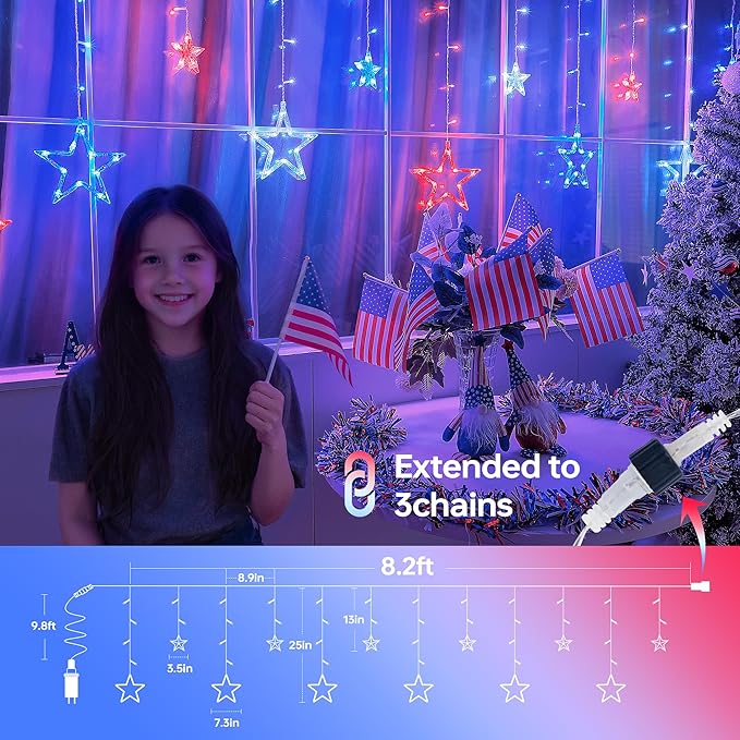 4th of July Patriotic Star Icicle Lights,8.2ft 126LED red White and Blue Curtain String Waterproof, 8 Modes with Timer Connectable Independence Day Decorations Window Lights for Outdoor Indoor