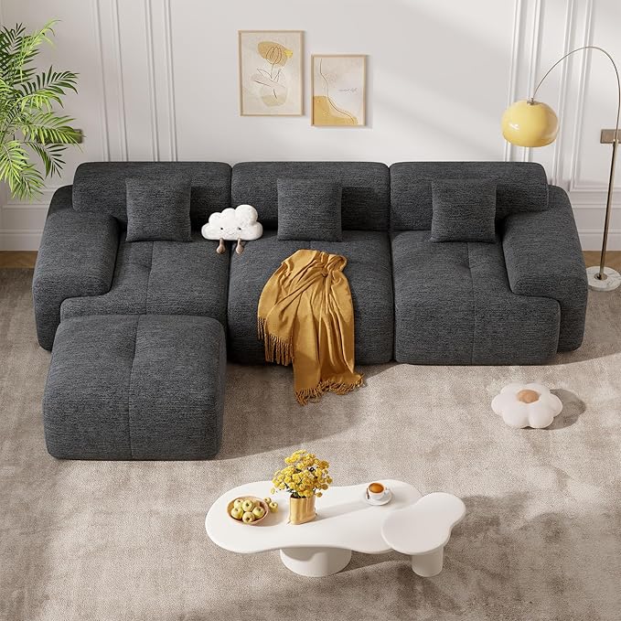 122" Modern L Shaped Modular Sectional Sofa, Boneless Couches for Living Room with Ottoman,4 Seater Convertible Chenille Cloud Couch Sofa Set, No Assembly Required, Grey-Black 1 PCS