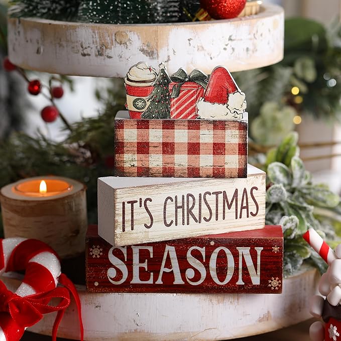 4 Pcs Wooden Christmas Tabletop Decor Xmas Tiered Tray Decor Winter Centerpiece Decorative Santa Hat Hot Cocoa Gift Box Tree Block Signs Gift Farmhouse Table Decoration for Home Kitchen