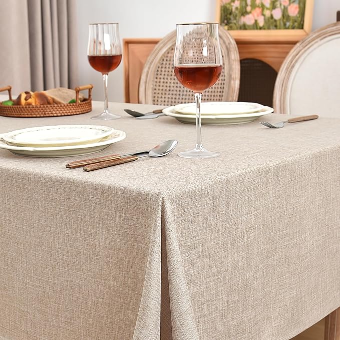 Fitable Faux Linen Beige Table Clothes Rectangle 60 x 144 Inch - 2 Pack Neutral Tablecloths for 10 Foot Tables, Faux Burlap Kitchen Table Covers for Dining, Party, Farmhouse, Banquet, Buffet