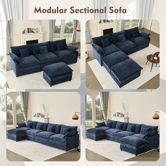108" U Shaped Couch, Modular Sectional Sofa, 3-Seater Comfy Cloud Couch with Movable Ottoman, Deep Seat Couches for Living Room, Chenille, Navy