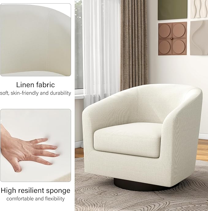 Swivel Barrel Accent Chair, Modern Round Linen Arm Chair for Living Room, Bedroom, Comfy Club Reading Chairs for Adults(Linen Fabric, Beige, Set of 1