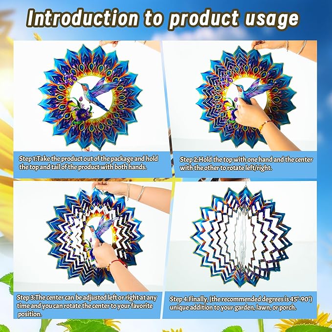 Hummingbird Wind Spinner,Hanging Wind Spinners Outdoor for Garden Decoration,15.7 inch 3D Stainless Steel Wind Sculpture for Indoor/Outdoor Decor