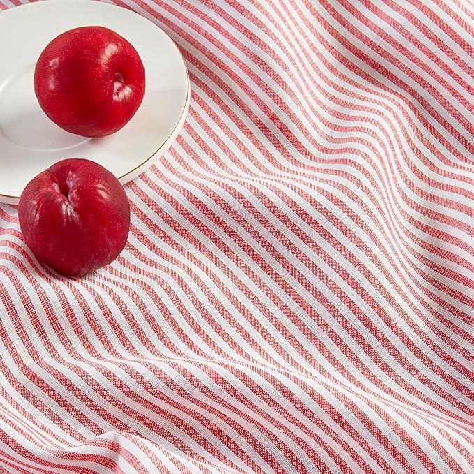 Solino Home Linen Striped Tablecloth 60 x 156 Inch - 100% Pure Linen Red and White Table Cloth for Rectangle Tables - Narrow Stripe, Machine Washable Tablecloth