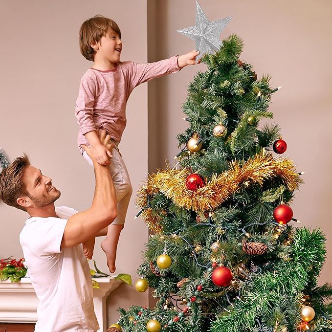 Tree Topper Star, 8" Silver Christmas Tree Topper with Glitter, 3D Bethlehem Star Xmas Tree Topper Decorations, Waterproof Shatter-Proof Tree Decoration for Christmas Holiday Home Indoor and Outdoor