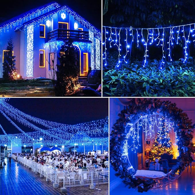 98FT Blue Icicle Lights for Outside, 1216 LED Icicle Christmas Lights with 8 Modes 228 Drops, Curtain Twinkle Lights for Indoor Outdoor Bedroom House Holiday Party Wedding Decorations