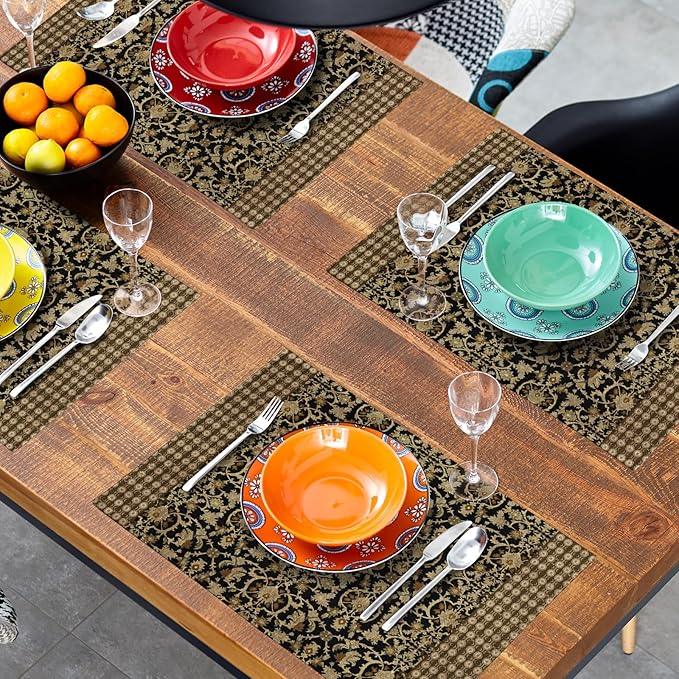Brown Antique Placemats Set of 4 Vintage Floral Block Print Washable Non-Slip Heat Resistant Place Mats 12x18 Inch Retro Turkish Linen Table Mats for Kitchen Dining Party Decor