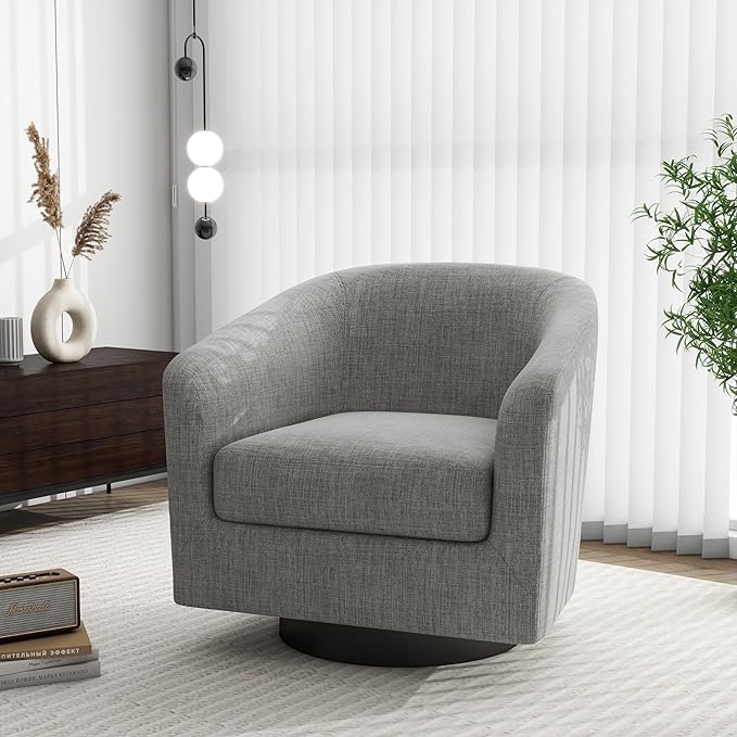 Swivel Barrel Accent Chair, Modern Round Linen Arm Chair for Living Room, Bedroom, Comfy Club Reading Chairs for Adults(Linen Fabric, Light Grey, Set of 4