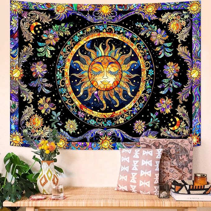Lunerfex Sun Tapestry Stained Glass Tapestry Wall Decor Tapestries for Bedroom Boho Tapestries Wall Hanging for Bedroom Living Room Glass-Sun-01 60"x80"