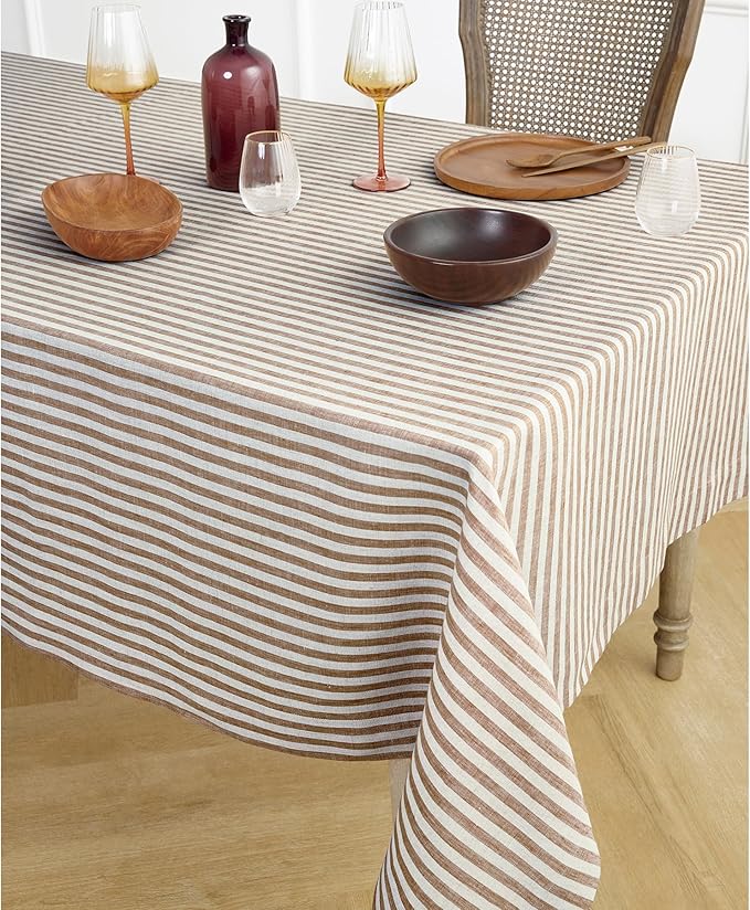 Solino Home Linen Tablecloth 60 x 144 Inch - Amalfi Stripe 100% Pure Linen Brown and Cream Table Cloth for Rectangle Tables - Machine Washable Tablecloth for Fall, Autumn, Thanksgiving