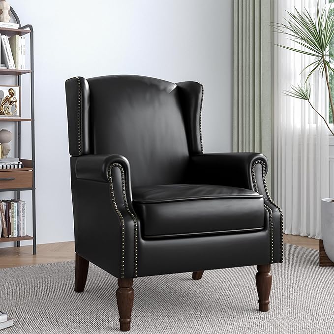 Accent Chair, Faux Leather High Back Armchair or Living Room, Comfy Upholstered Single Sofa Reading Chair with Solid Wood Legs for Office, Bedroom, Waiting Room-Black