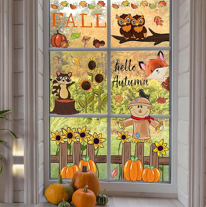 6 Sheets Fall Window Clings Fall Watercolor Pumpkin Maple Leaves Scarecrow Owl Sunflower Window Stickers for Autumn Thanksgiving Harvest Home Window Decals Decor
