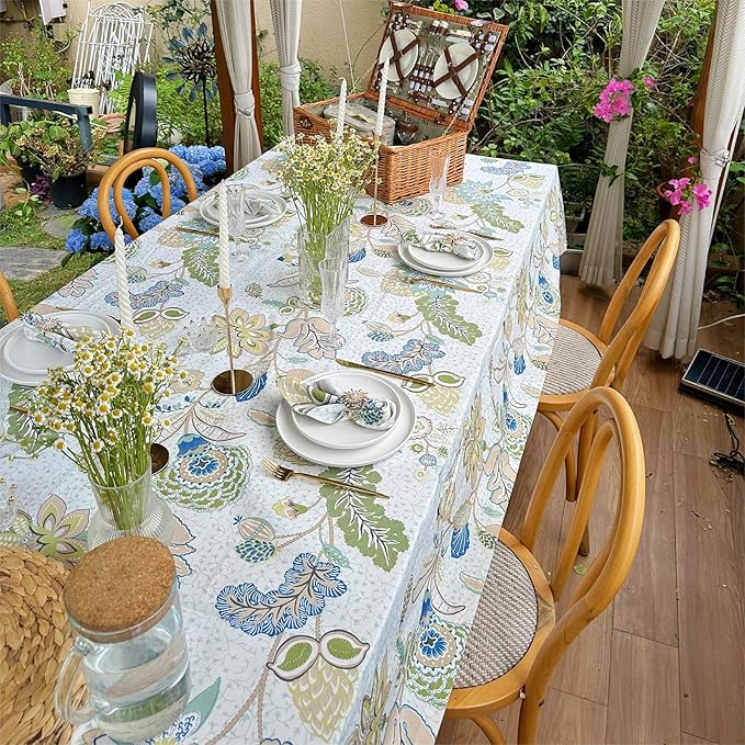 Spring Rectangular Tablecloth 120 x 60 Inch, Print Floral Waterproof Rectangle Table Cloth, Fabric Table Cover for Dining Kitchen Farmhouse Ourdoor - Green Flowers