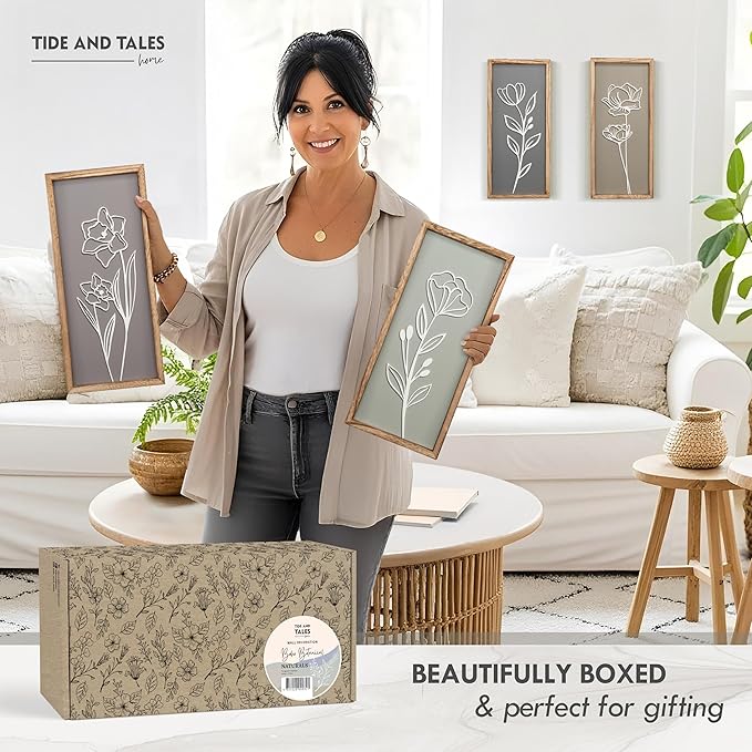 3D Wooden Floral Bathroom Wall Decor (Set of 4) Lightweight, Ready-to-Hang Framed Wall Art For Living Room, Bedroom, or Office - Premium Boho Botanical Farmhouse Decorations - Gift-Boxed