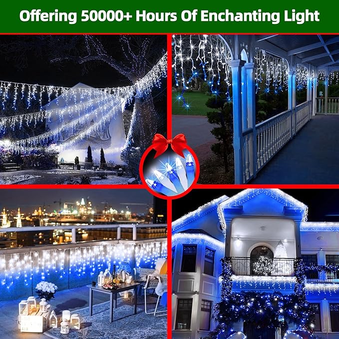 792 LED Icicle Lights, 82ft 8 Modes Fairy Hanging String Lights with Time Waterproof, Plug-in Christmas String Lights for Holiday Wedding Party Decorations, Blue & CoolWhite