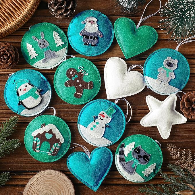 12 Pcs Christmas Felt Ornaments for Tree Santa Claus Snowman Gingerbread 3D White Mint Turquoise Color for Hanging Decoration Felt Craft for Christmas Party Favors Gifts