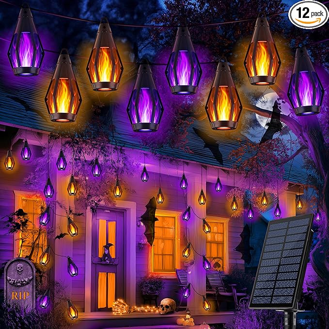 iBaycon Solar Halloween Lights, 27Ft 10 LED Bulbs Flickering Flame String Light, Outdoor Waterproof Solar Flame Lights for Garden Yard Patio Halloween Decorations (Warm White + Purple)