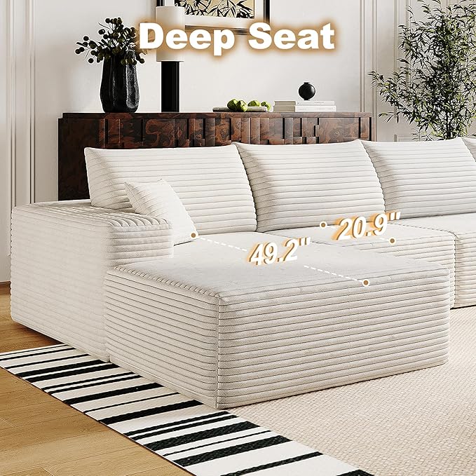 136" Sectional Couches for Living Room Modern Modular Sofa with L-Shape Couchs Upholstered Boneless Couch Deep Seat Sectional Couch with Chaise (White, Left Facing Chaise+3Seaters+Ottoman)