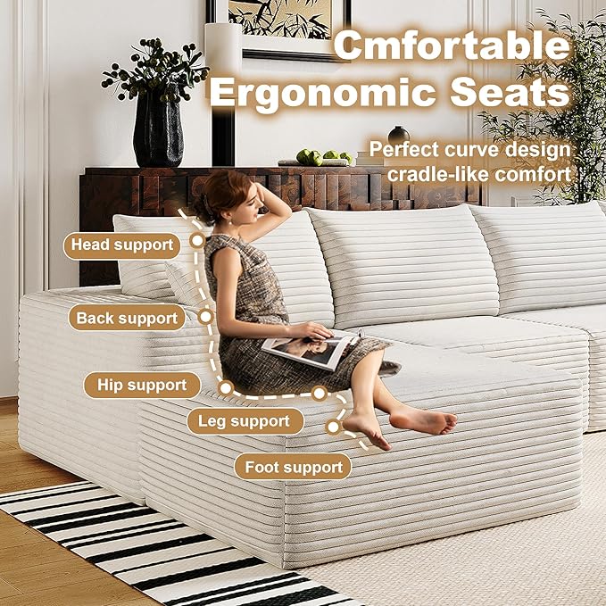 108" Sectional Couches for Living Room Modern Modular Sofa with L-Shape Couchs Upholstered Boneless Couch Deep Seat Sectional Couch with Chaise (White, Left Facing Chaise+2Seaters)