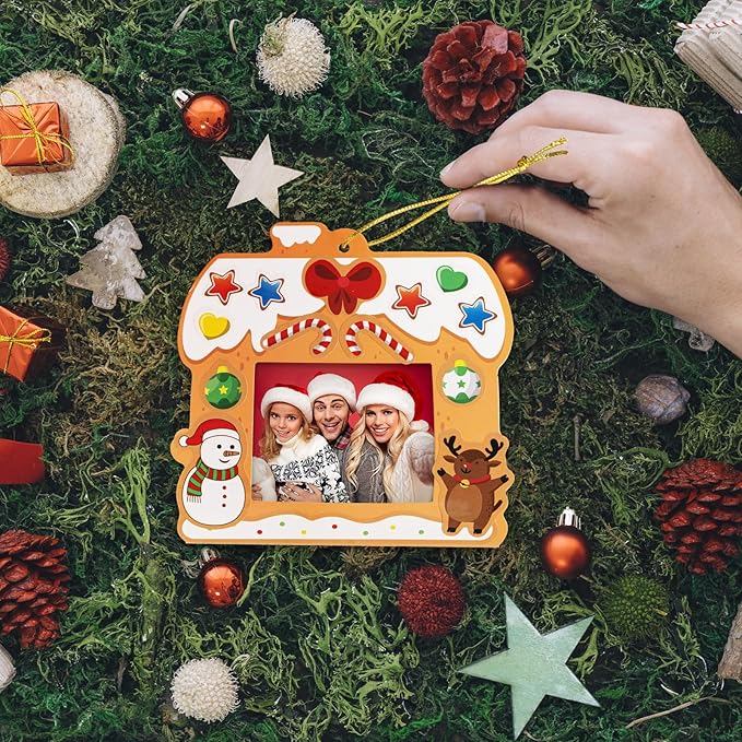 28 Pack Christmas Picture Frame Craft Kits for Kids, Xmas DIY Gingerbread House Candy Photo Craft Christmas Hanging Frame Ornaments for Xmas Tree Holiday Art Decorations Home Class Game Activities