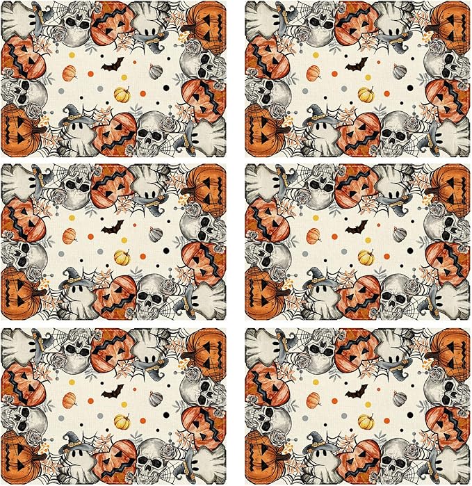 XCHI Spooky Skeleton Ghost Pumpkin Halloween Placemats Set of 6 Table Mats for Party Home Kitchen Dining Table Decorations 12x18 Inch