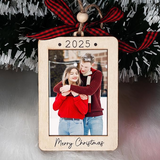 2025 Christmas Ornament Picture Frame - Wooden Portrait Photo Frame Ornaments - Picture Frame Ornament for Tree - Merry Christmas Ornaments with Picture Insert for Family, Friends