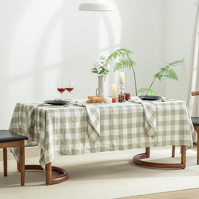 EVERLY 100% Yarn-Dyed Linen Rectangle Tablecloths 60x132Inches for Dining,Buffet Parties,Picnic,Events and Restaurants,Decorative Halloween,Thanksgiving Machine Washable Tablecloths-Sage Green Plaid