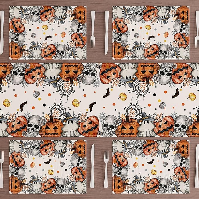 XCHI Spooky Skeleton Ghost Pumpkin Halloween Placemats Set of 6 Table Mats for Party Home Kitchen Dining Table Decorations 12x18 Inch