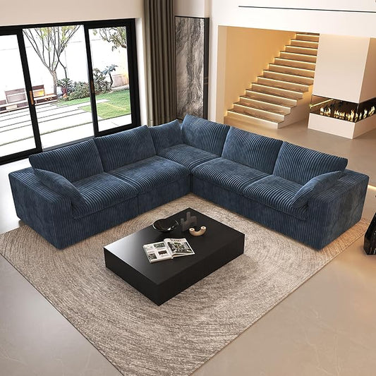118" V Shaped Corner Modern Sofa Modular Sectional Cloud Couch,Deep Seat Upholstered Couches with Plush Corduroy Fabric for Living Room Furniture,Bedroom and Apartment,No Assembly Required,Blue