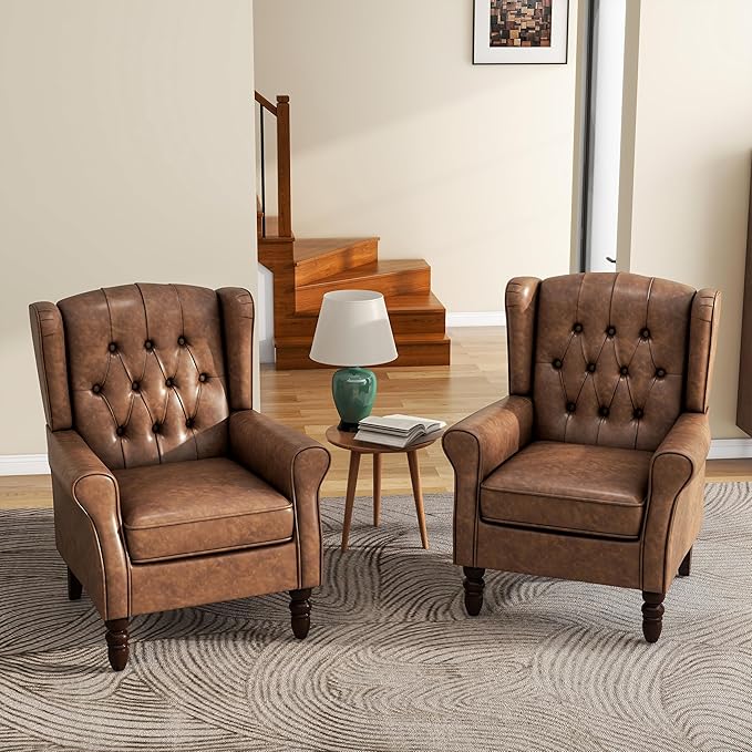 UIXE Faux Leather Accent Chairs Set of 2, High Back Upholstered Armchair for Living Room, Wingback Tufted Arm Chair Comfy Single Sofa Bedroom Reading Seat with Solid Wood Legs - Brown