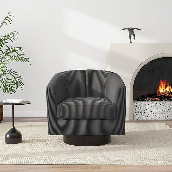 Swivel Barrel Accent Chair, Modern Round Corduroy Fabric Arm Chair for Living Room, Bedroom, Comfy Club Reading Chairs for Adults (Corduroy Grey, Set of 2)