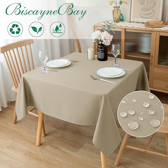 Biscaynebay Textured Fabric Square Tablecloths 90x90 Inches, Natural Water Resistant Spill Proof Card Table Cloth Folding Table Cover for Dining, Kitchen, Wedding and Parties, Machine Washable